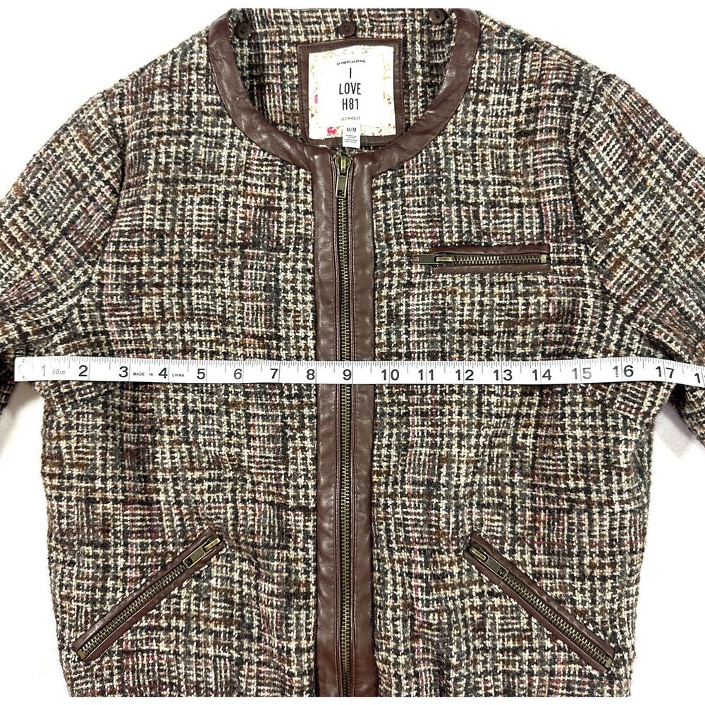 Forever 21 I Love H81 Tweed Bomber Jacket M Brown Faux Leather Zip Plaid Lined - Picture 5 of 12